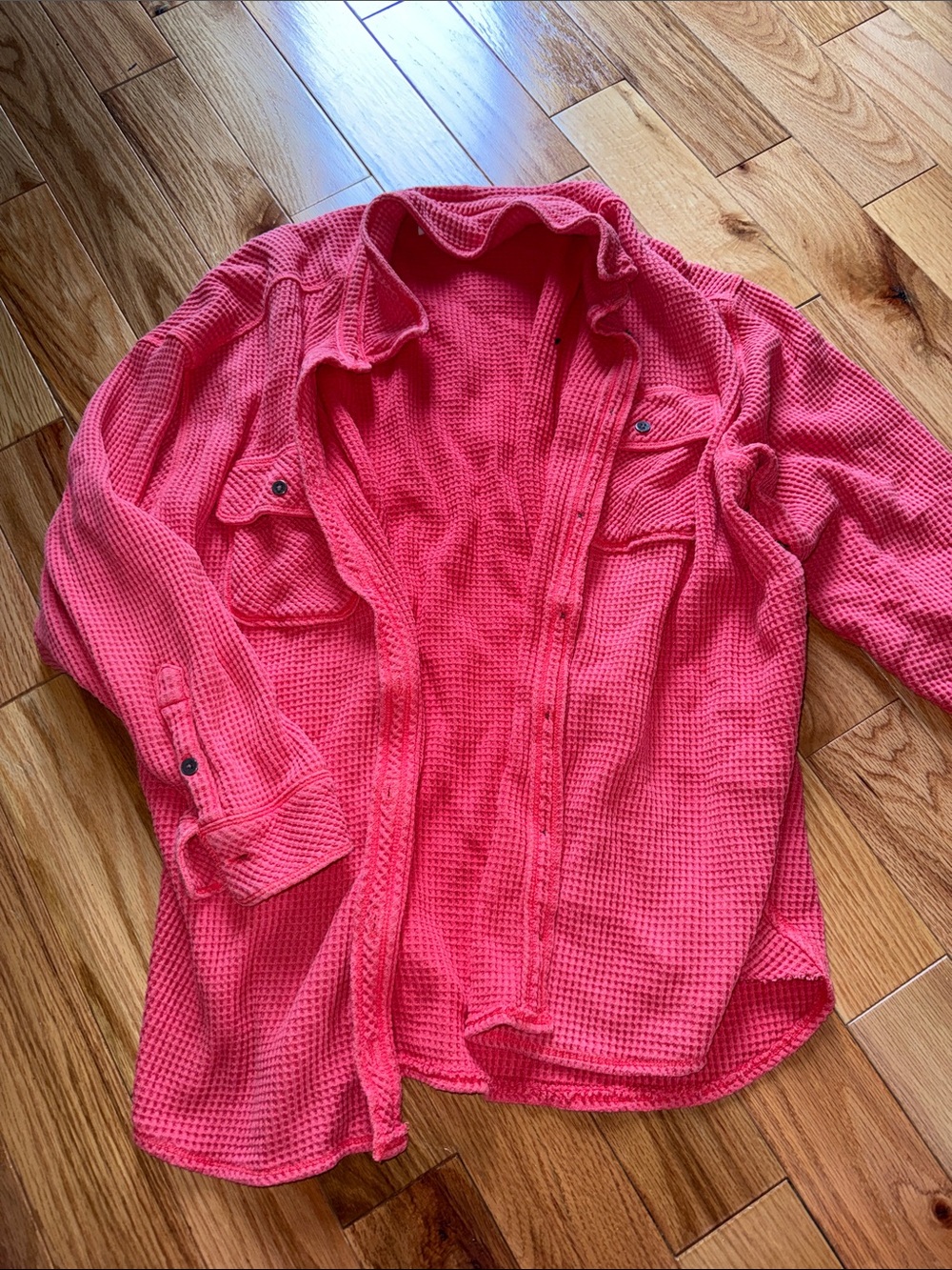 Aerie - Coral Waffle Knit Button-Up Shirt - Size S